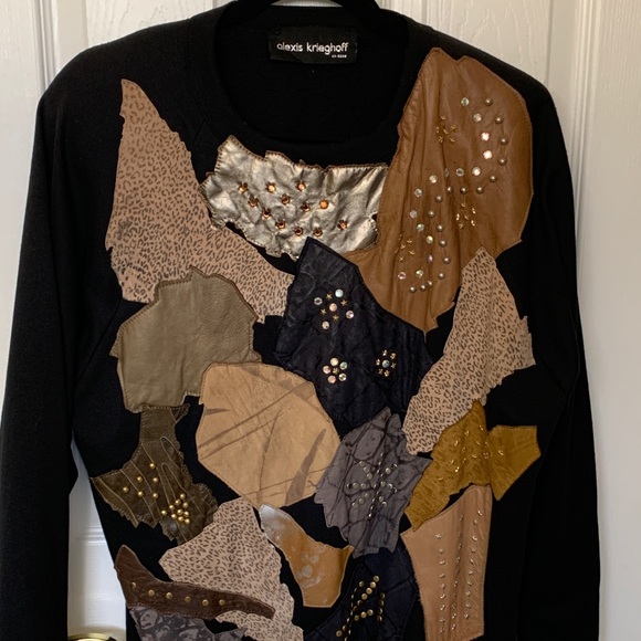 Vtg Alexis krieghoff patchwork top leathers, suedes Rhinestones, brass studs - Picture 2 of 12